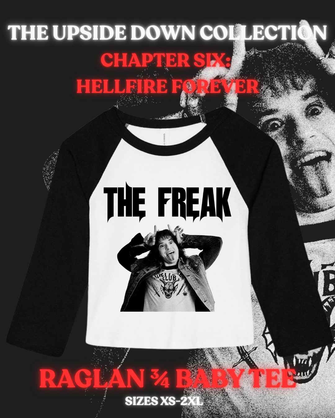Raglan 3/4 Length Baby Tee – Chapter Six | Eddie - Hellfire Forever | The Upside Down Collection