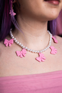 Pink Bow Pearl Necklace