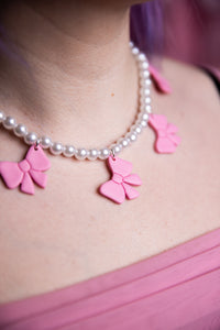 Pink Bow Pearl Necklace