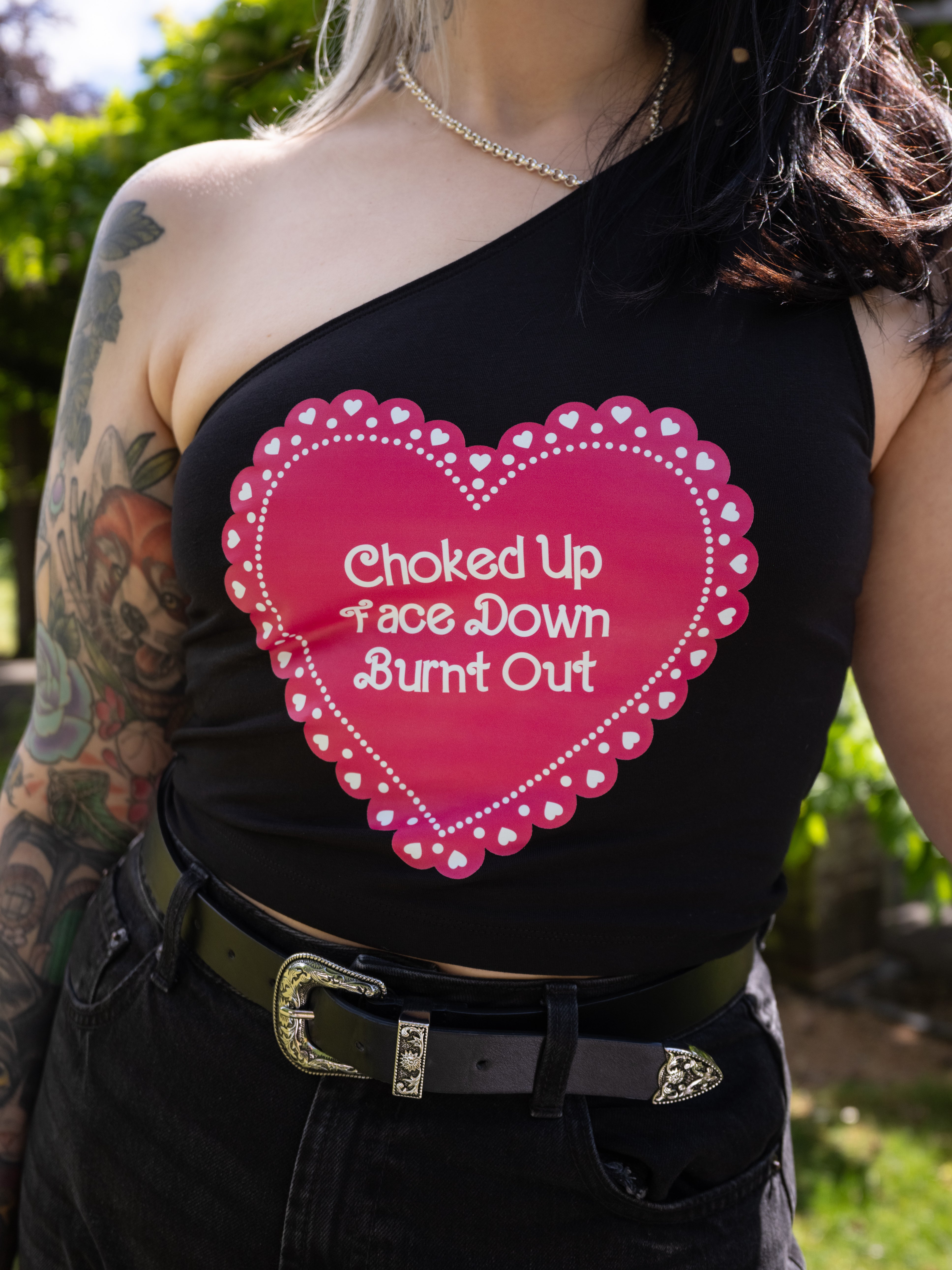 Red Wine Supernova Vintage Heart Black One Shoulder Top
