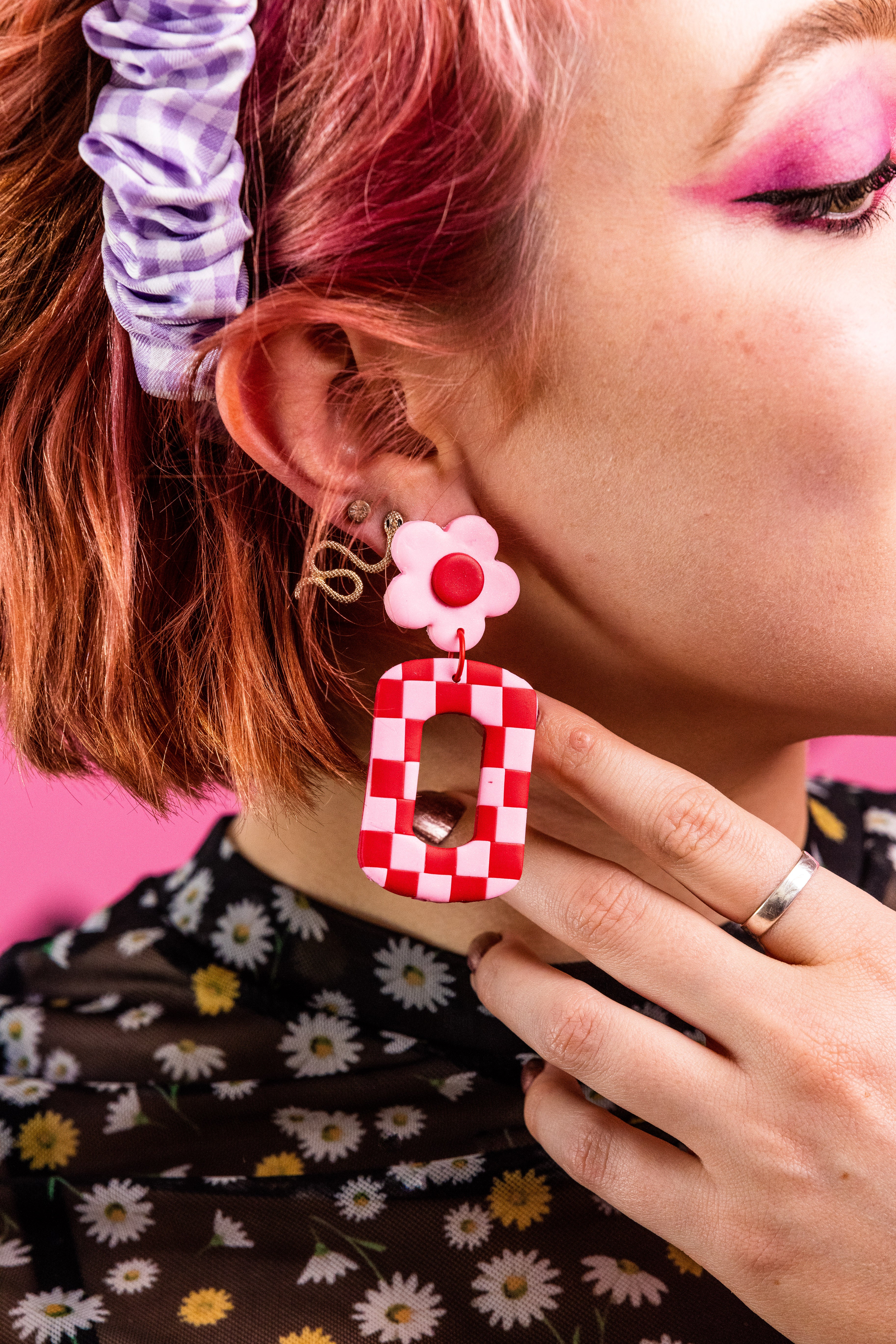 Pink & Red Check Earrings