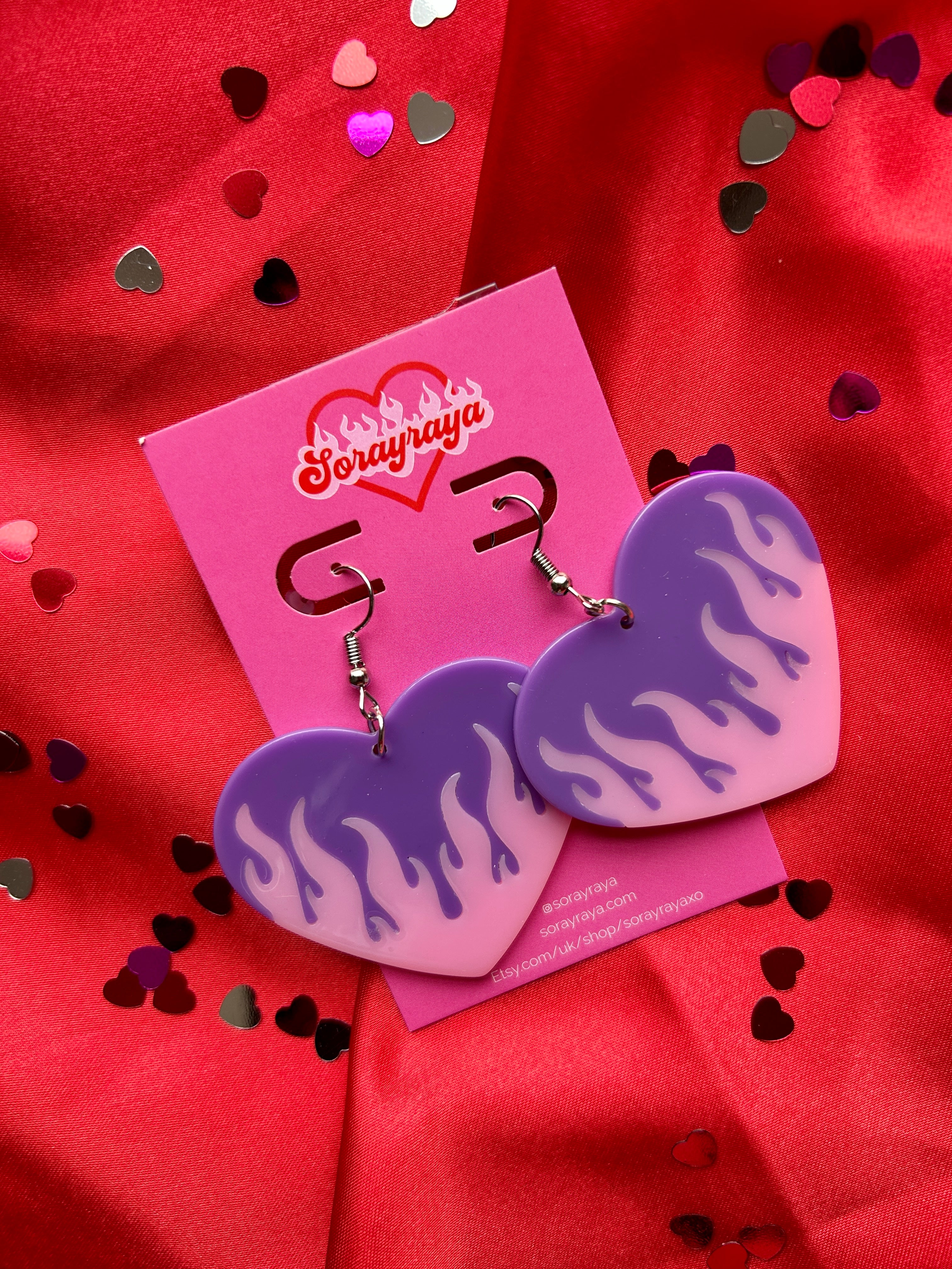 Purple & Pink Flame Heart Earrings