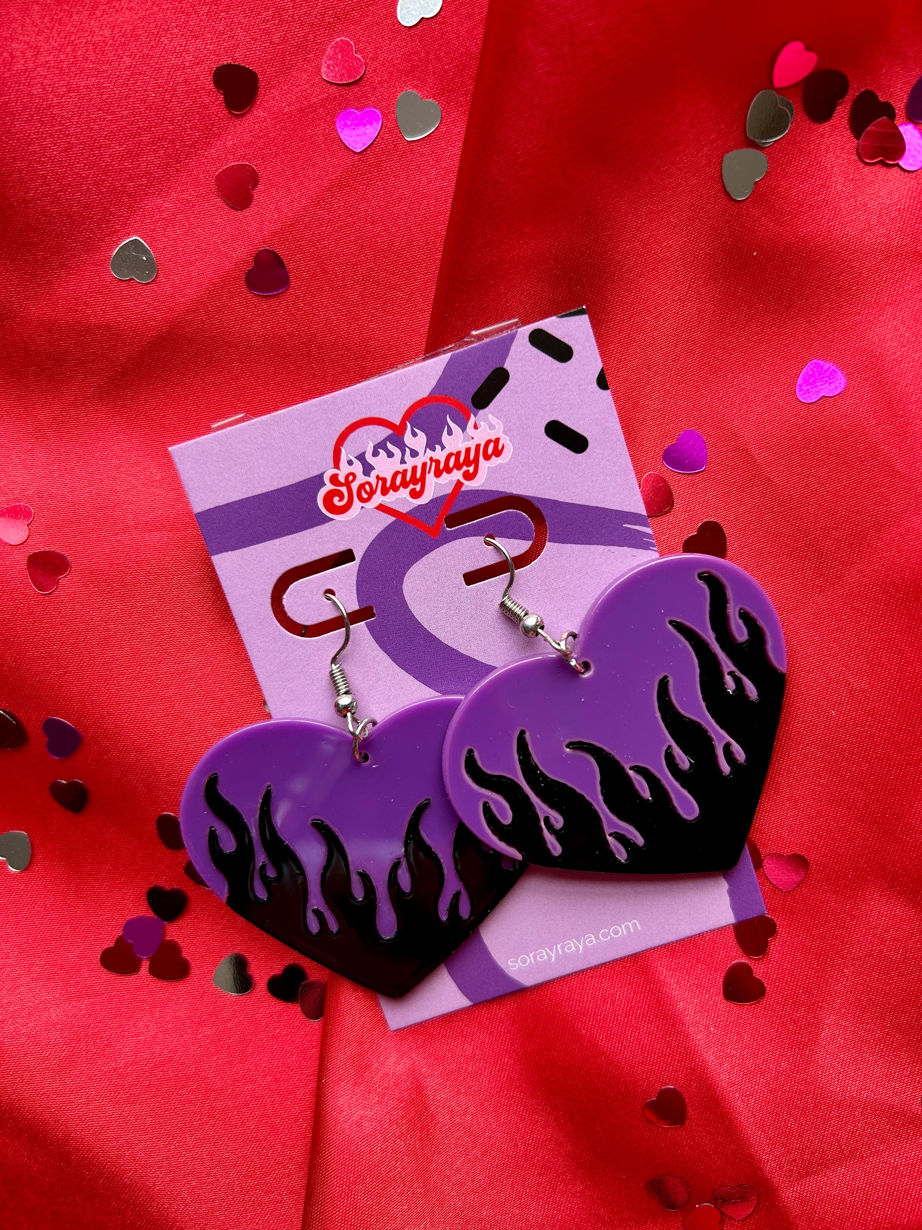 Purple & Black Flame Heart Earrings